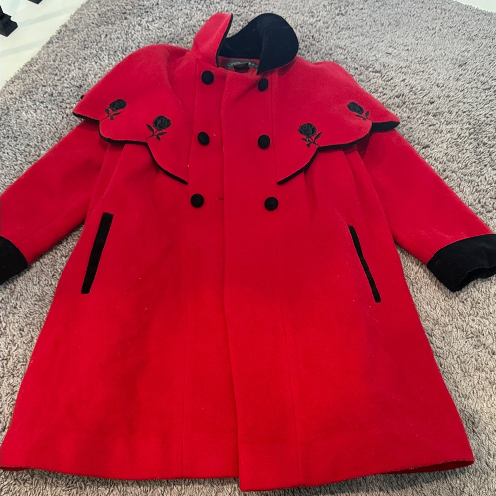 Copper Key Red Coat with Black Rose Details